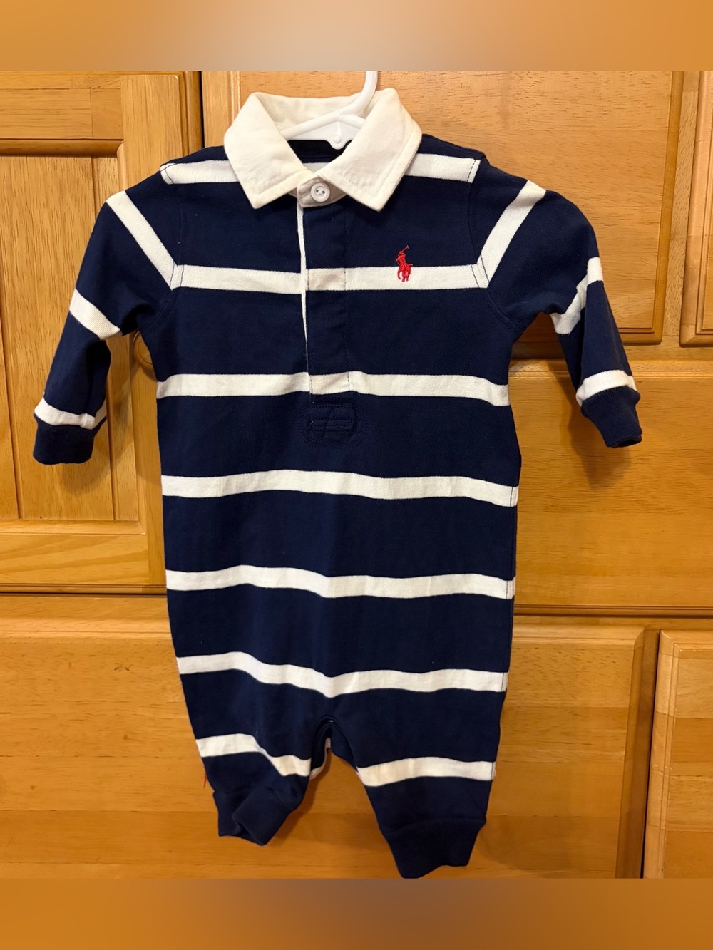Ralph Lauren Boys' Blue & White Long Sleeve Rugby Style Romper Size 3 Months